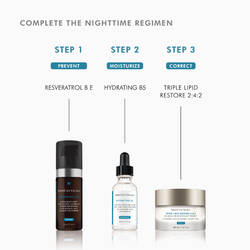 A complete SkinCeuticals nightime regimen including Resveratrol B E, Hydrating B5 Gel and Triple Lipid Restore as steps 1, 2 and 3	
