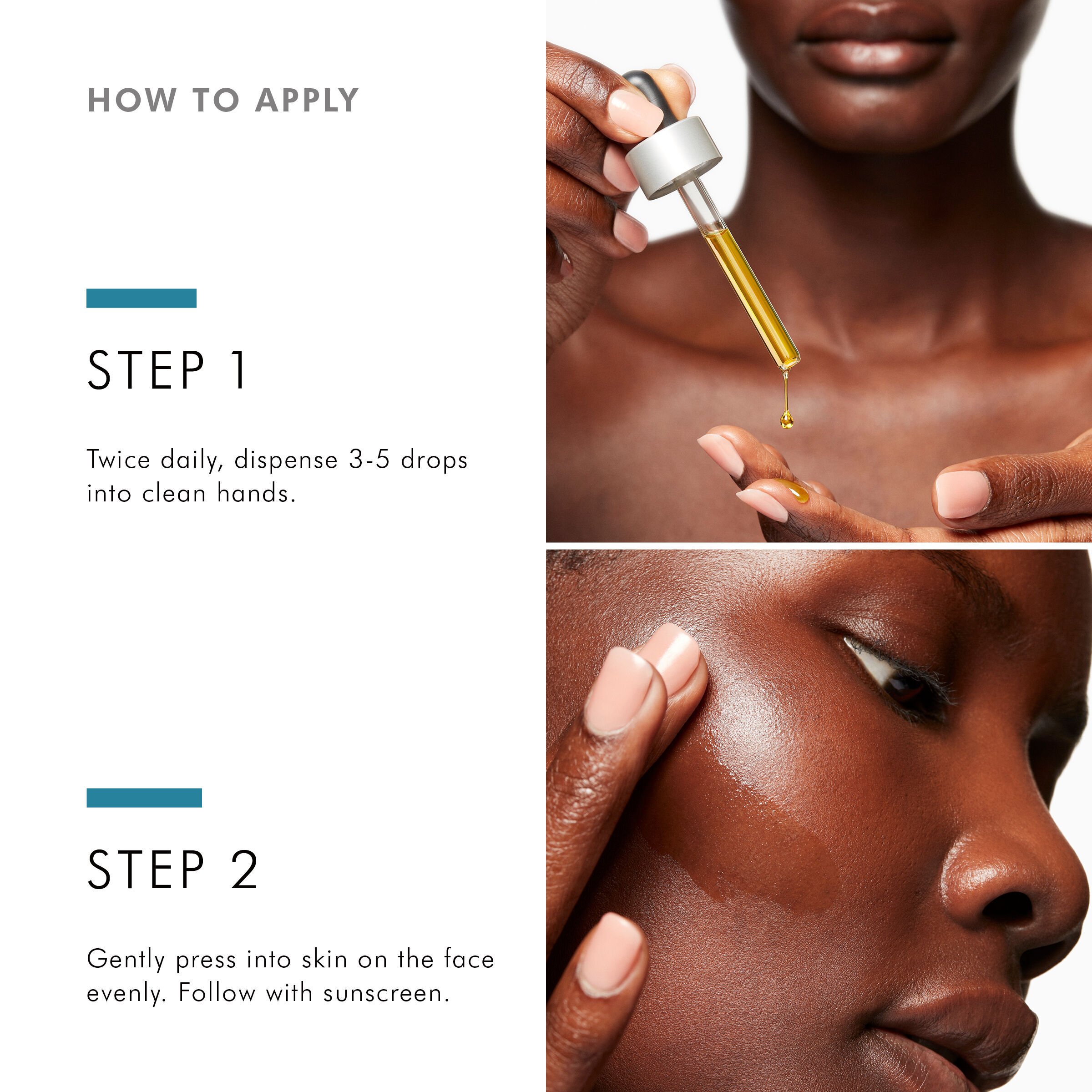How to use SkinCeuticals Discoloration Defense serum: Step 1: Dispense 3–5 drops into clean hands twice daily. Step 2: Gently press onto face and follow with sunscreen.