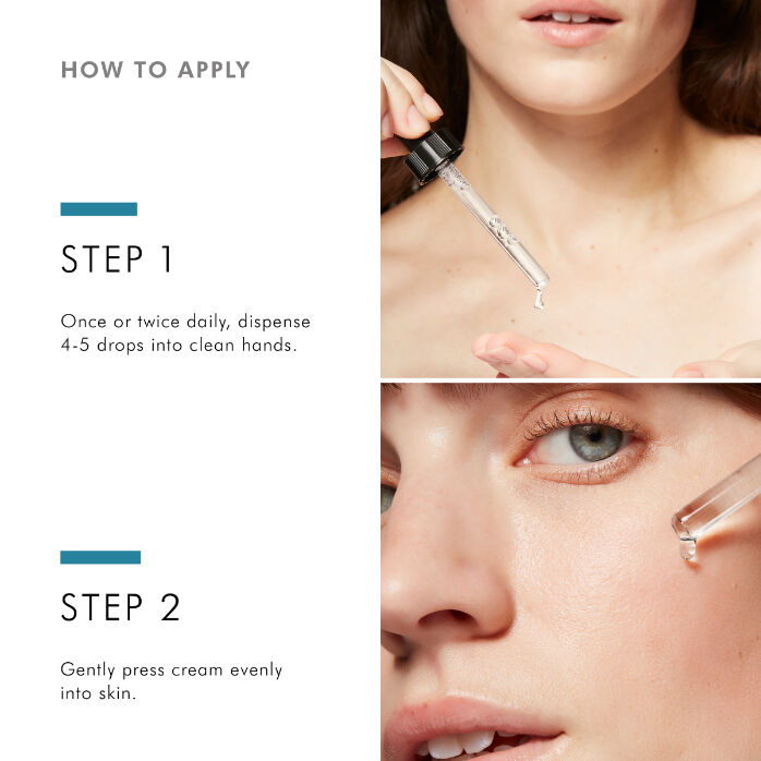 How to apply Skinceuticals Blemish + Age Defense Serum by dispense 4–5 drops and gently press onto clean skin