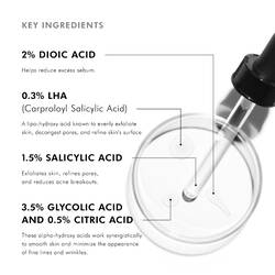 Key ingredients in Skinceuticals Blemish + Age Defense Serum include 2% dioic acid, 0.3% LHA, 1.5% salicylic acid, 3.5% glycolic acid, 0.5% citric acid