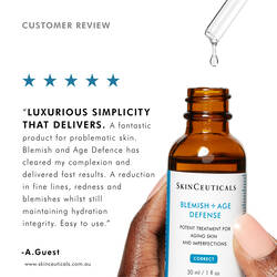 Customer review praising Skinceuticals Blemish + Age Defense Serum for visibly improving blemish-prone and ageing skin