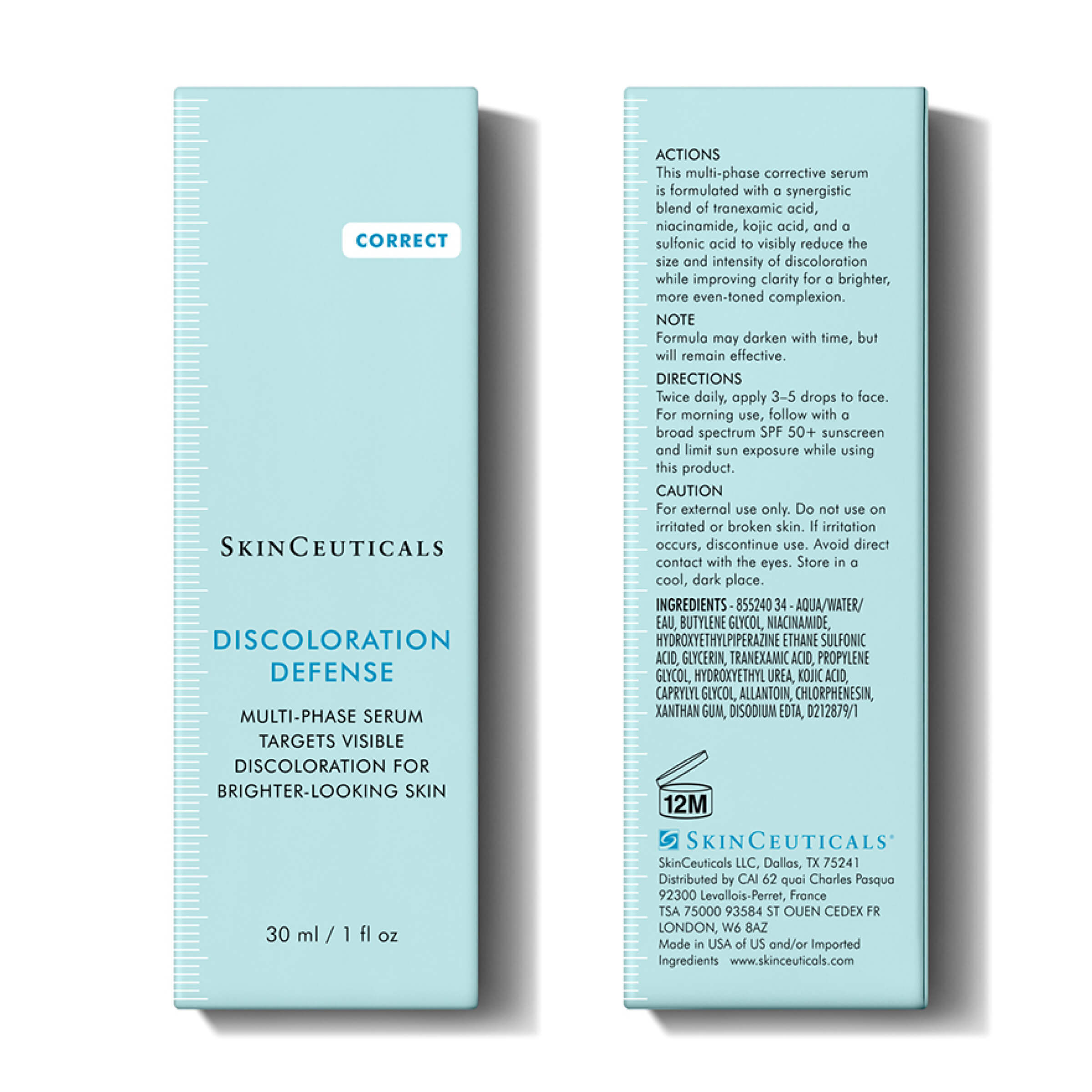 SkinCeuticals Discoloration Defense Dark Spot Corrector product box showing front and back with usage directions, key ingredients, and safety information