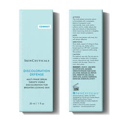 SkinCeuticals Discoloration Defense Dark Spot Corrector product box showing front and back with usage directions, key ingredients, and safety information