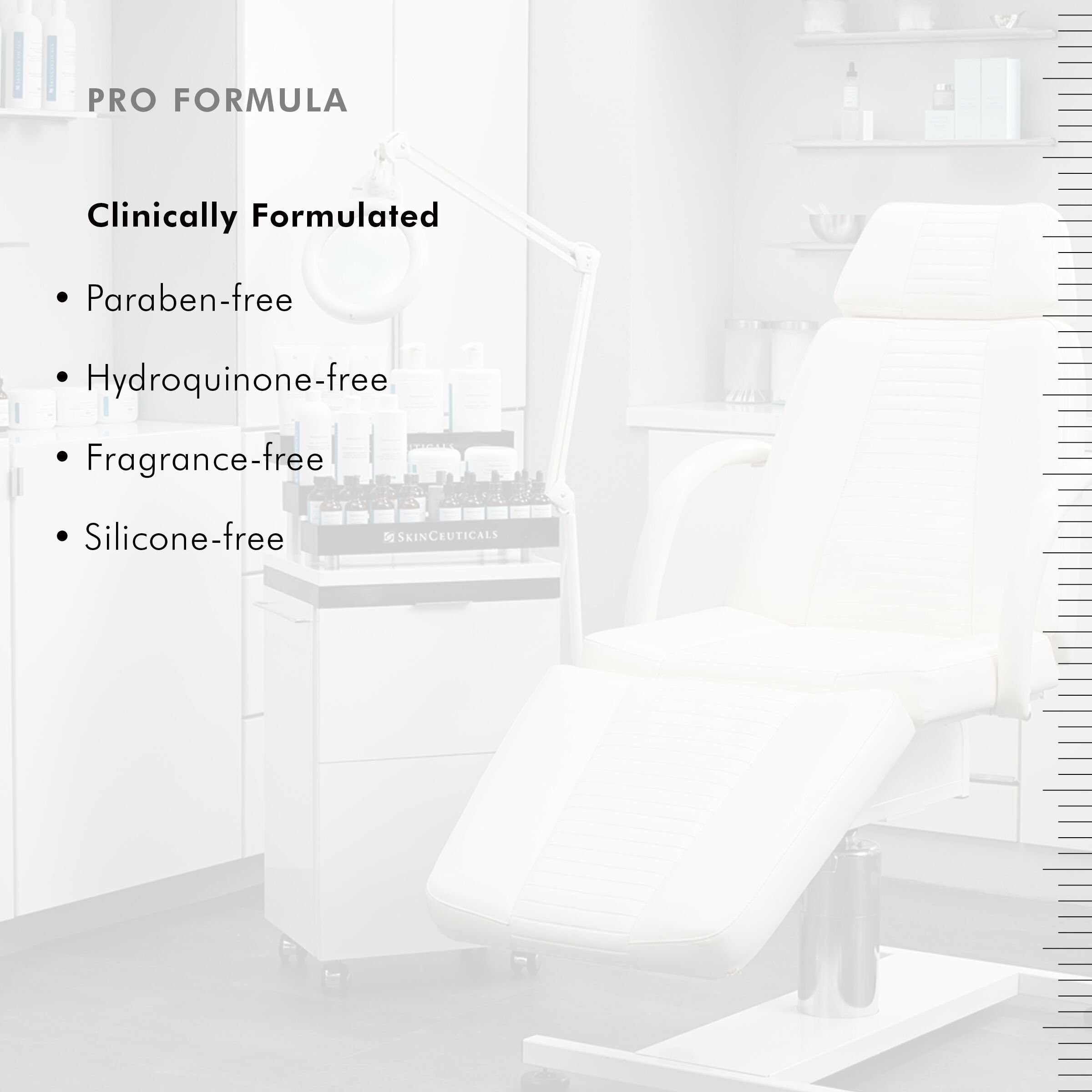 Graphic highlighting Discoloration Defense serum for dark spots paraben-free, fragrance-free, silicone-free, and hydroquinone-free formula